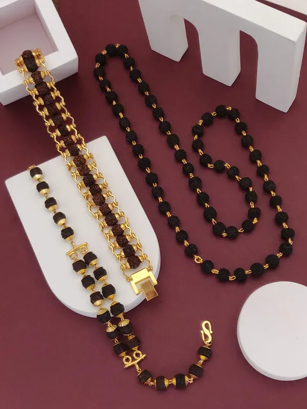 Gold_Plated__Combo_2_Designer_Bracelet+_Black_Mala_For_Male