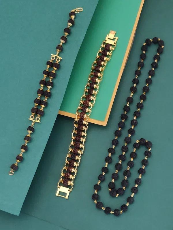 Gold_Plated__Combo_2_Designer_Bracelet+_Black_Mala_For_Male