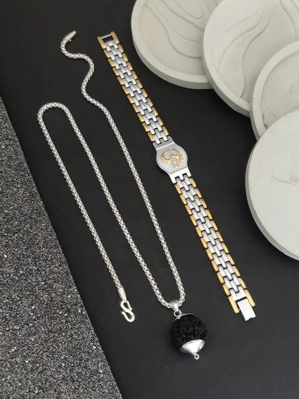 Silver_Plated_Combo_Ohm_Bracelet_Pendant_&_Chain_For_Men