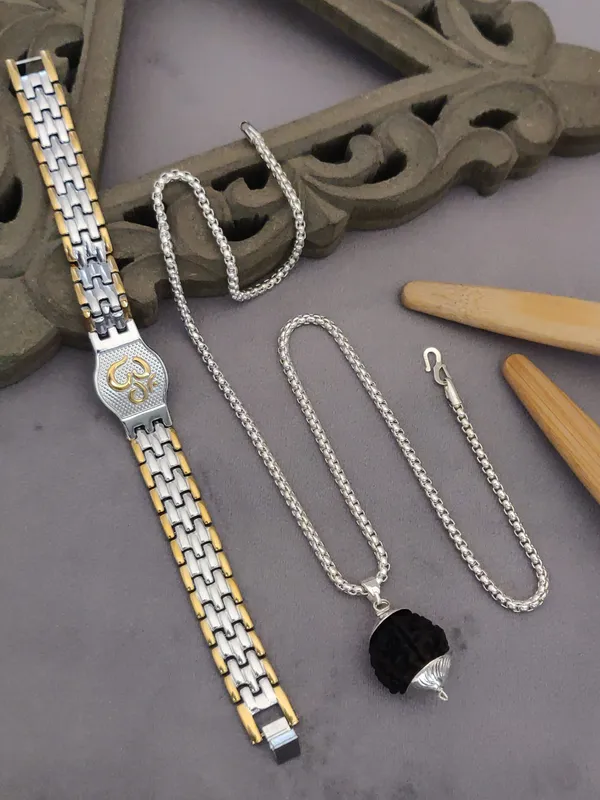 Silver_Plated_Combo_Ohm_Bracelet_Pendant_&_Chain_For_Men