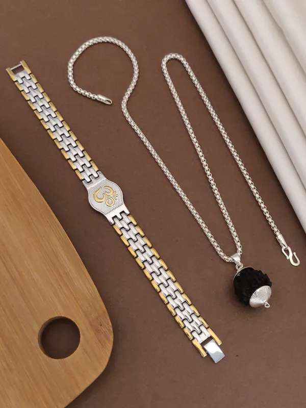 Silver_Plated_Combo_Ohm_Bracelet_Pendant_&_Chain_For_Men
