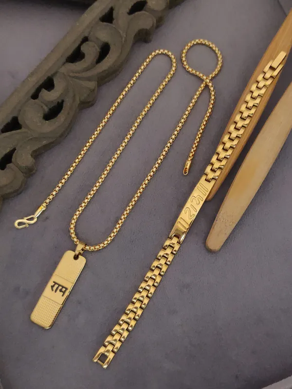 Gold_Plated_Combo_Ram_Slim_Bracelet+Ram_Pendant+Chain