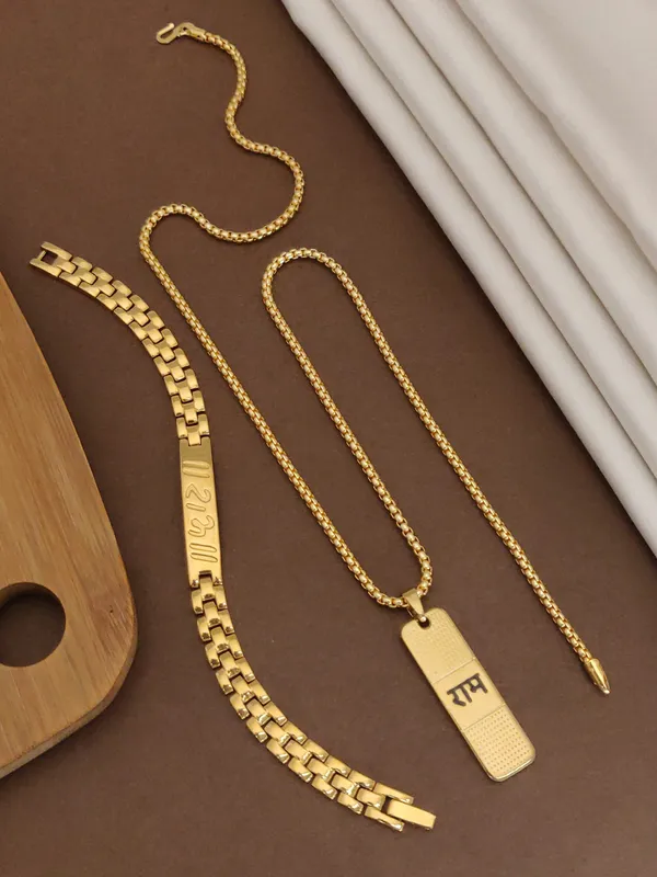 Gold_Plated_Combo_Ram_Slim_Bracelet+Ram_Pendant+Chain