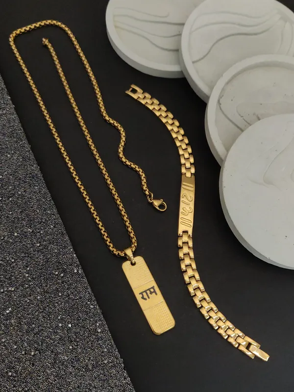 Gold_Plated_Combo_Ram_Slim_Bracelet+Ram_Pendant+Chain