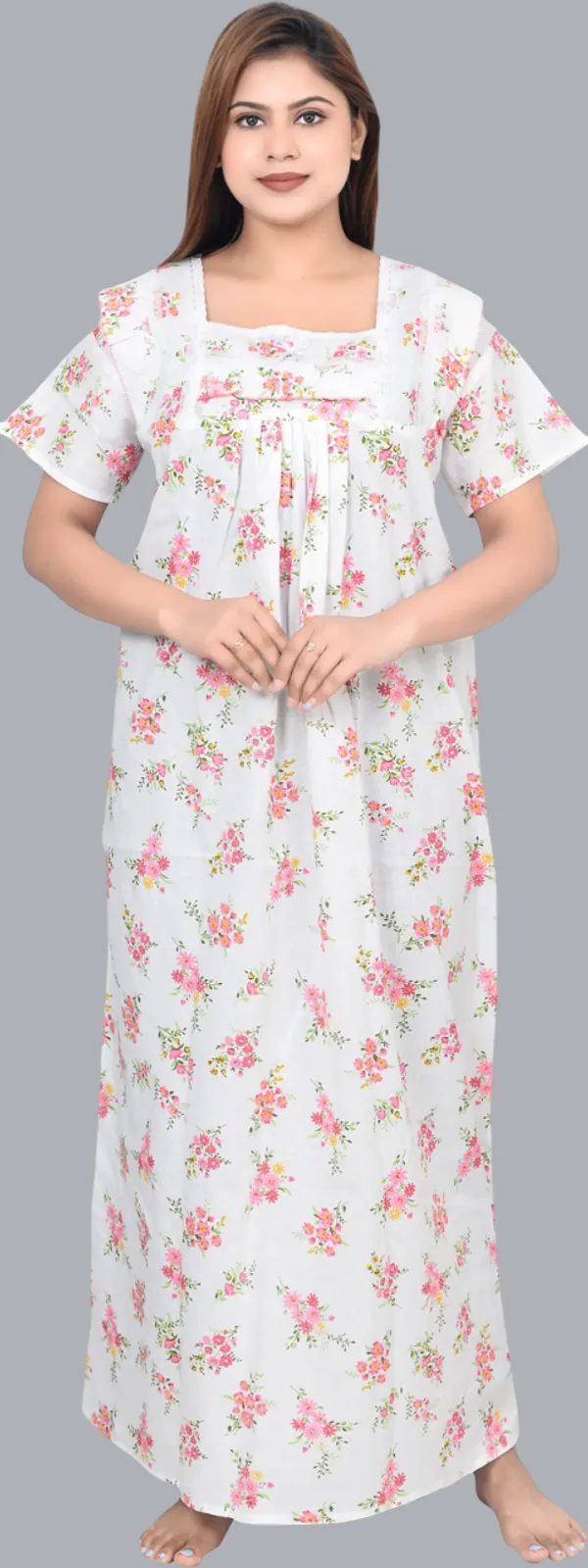 Pink_&_White_Cotton_Floral_Square_Neck_Maternity/Nursing_Night_Wear_For_Women
