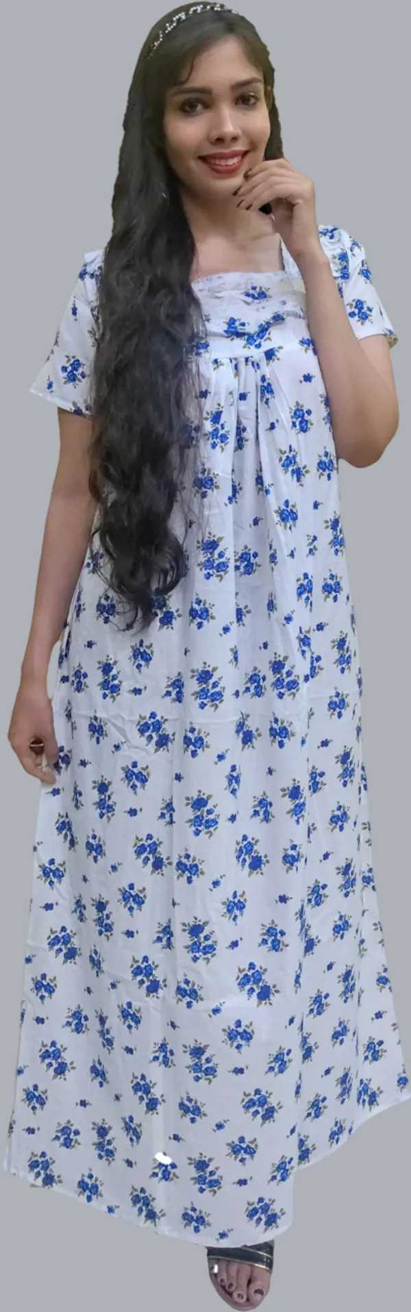 Blue_&_White_Cotton_Printed_Square_Neck_Night_Wear_For_Women