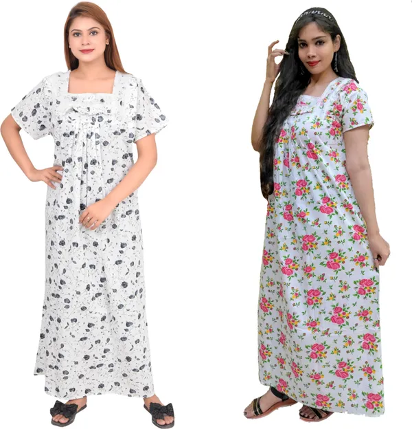 Pack_Of_2_-_Cotton_Printed::Floral_Square_Neck_Night_Wear_For_Women