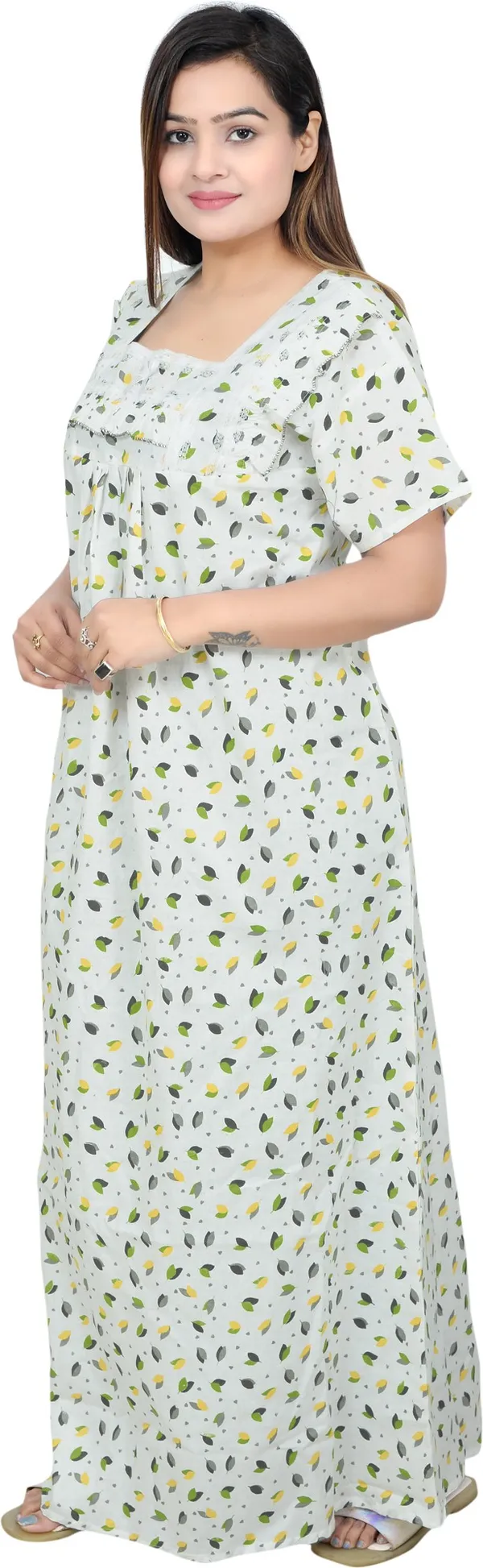 Green_Cotton_Printed_Square_Neck_Night_Wear_For_Women