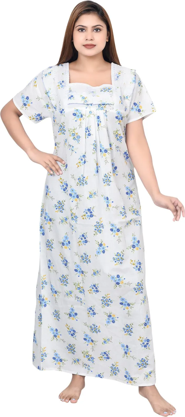 Blue_&_White_Cotton_Floral_Square_Neck_Night_Wear_For_Women