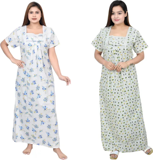 Pack_Of_2_-_Cotton_Printed::Floral_Square_Neck_Night_Wear_For_Women
