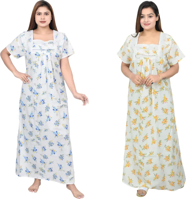 Pack_Of_2_-_Cotton_Printed::Floral_Square_Neck_Night_Wear_For_Women