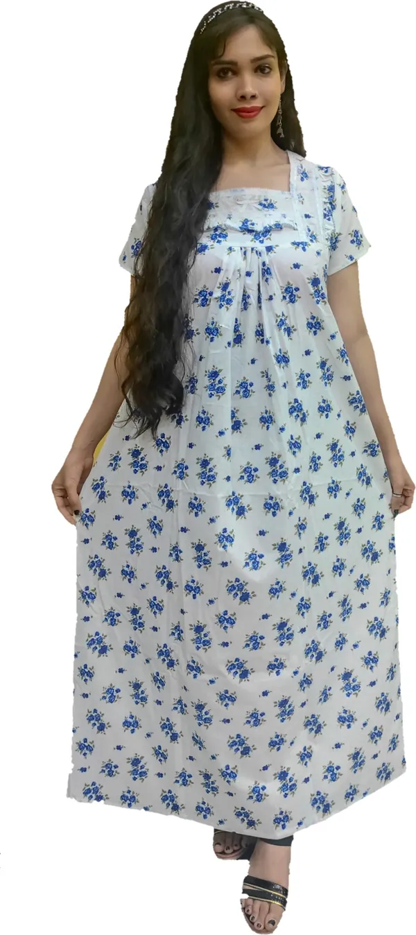 Blue_&_White_Cotton_Printed_Square_Neck_Night_Wear_For_Women