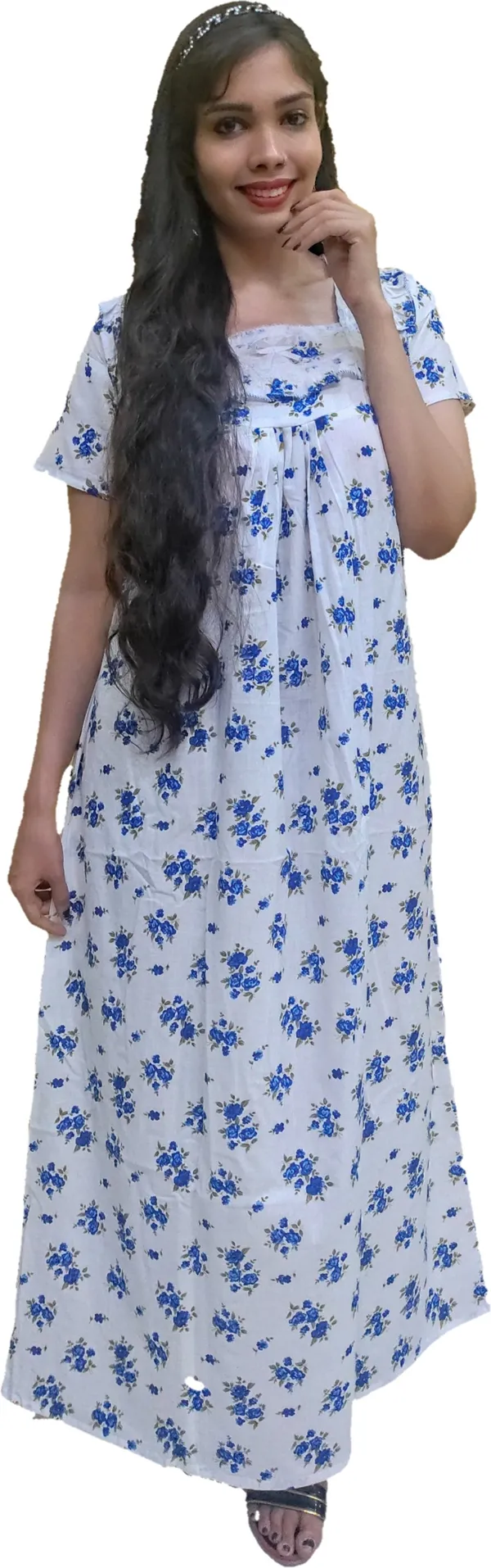 Blue_&_White_Cotton_Printed_Square_Neck_Night_Wear_For_Women