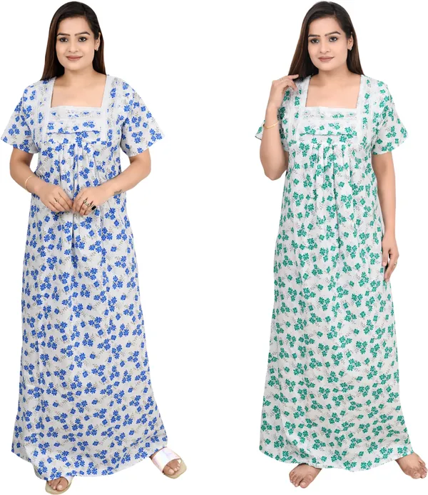 Pack_Of_2_-_Cotton_Printed::Floral_Square_Neck_Night_Wear_For_Women