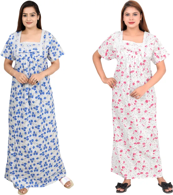 Pack_Of_2_-_Cotton_Printed::Floral_Square_Neck_Night_Wear_For_Women