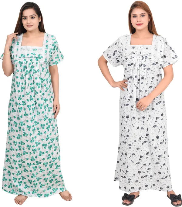 Pack_Of_2_-_Cotton_Printed::Floral_Square_Neck_Night_Wear_For_Women