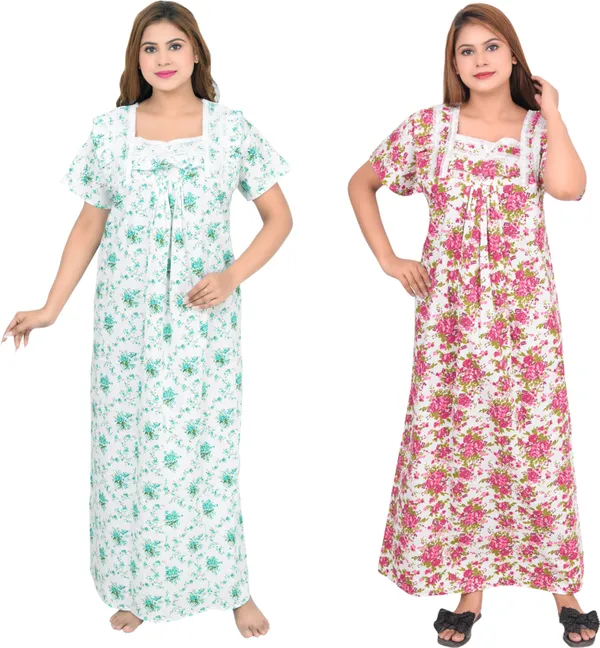 Pack_Of_2_-_Cotton_Printed::Floral_Square_Neck_Night_Wear_Set_For_Women