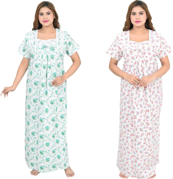 Pack_Of_2_-_Cotton_Printed::Floral_Square_Neck_Night_Wear_For_Women