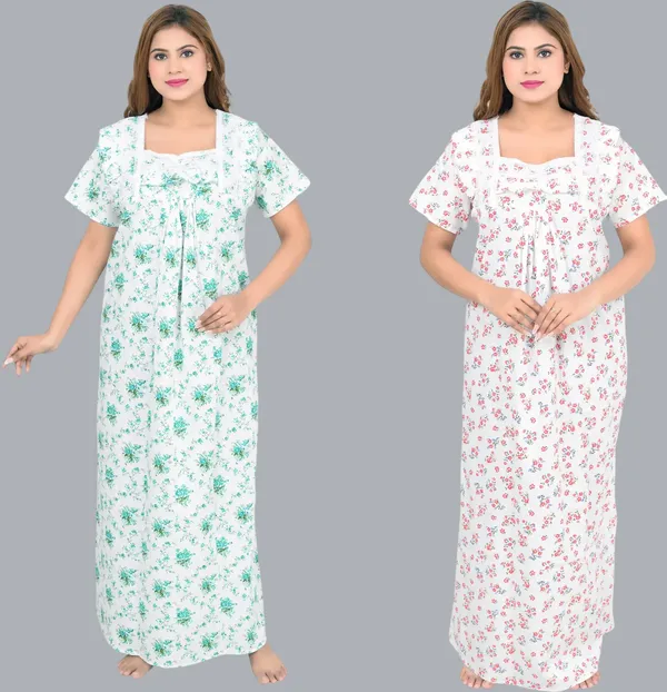 Pack_Of_2_-_Cotton_Printed::Floral_Square_Neck_Night_Wear_For_Women