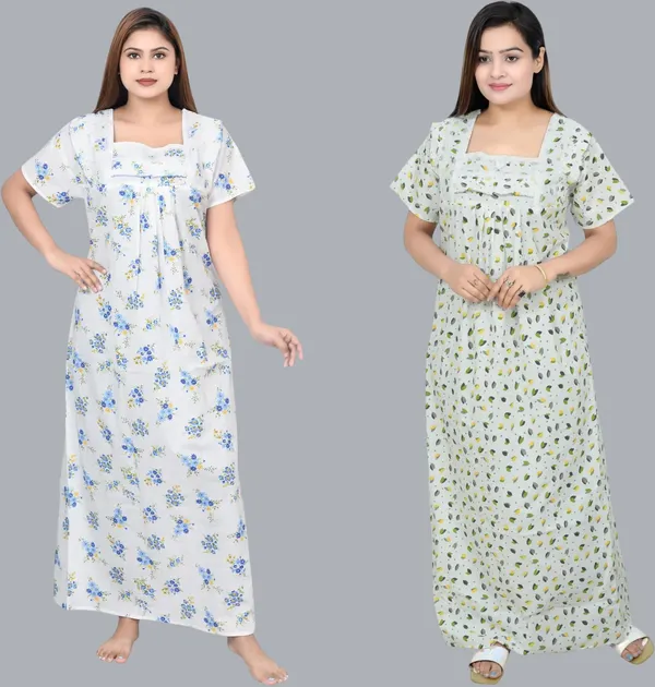 Pack_Of_2_-_Cotton_Printed::Floral_Square_Neck_Night_Wear_For_Women