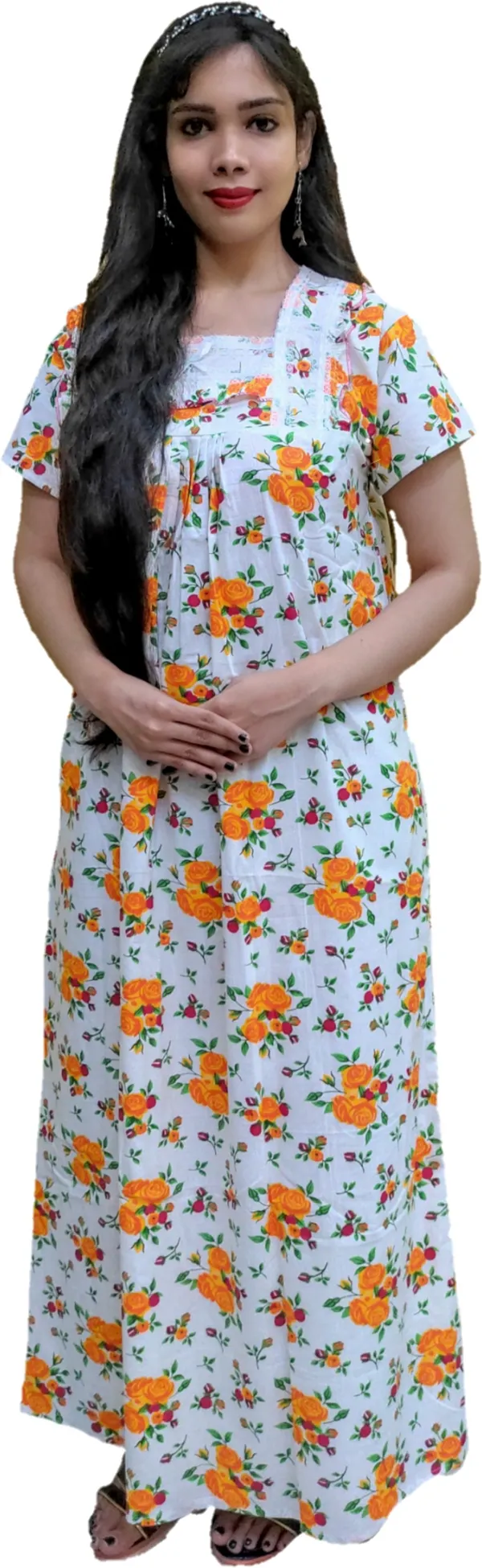Orange_&_White_Cotton_Floral_Square_Neck_Night_Wear_For_Women
