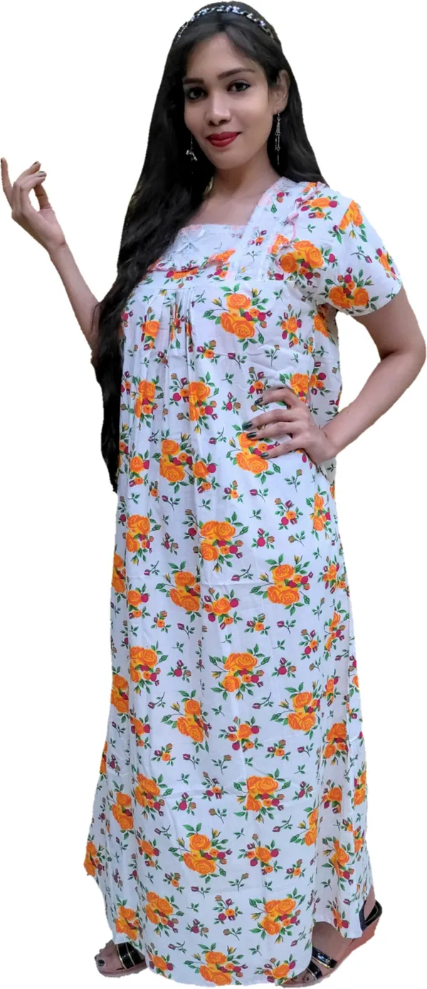Orange_&_White_Cotton_Floral_Square_Neck_Night_Wear_For_Women