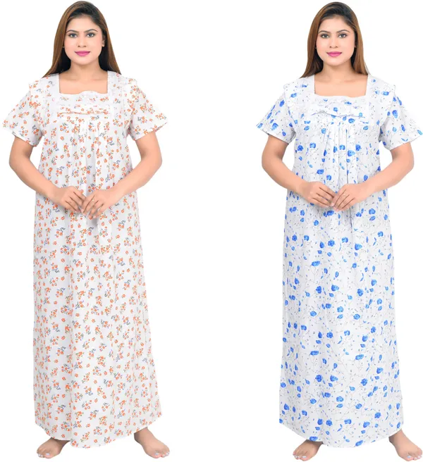 Pack_Of_2_-_Cotton_Printed::Floral_Square_Neck_Night_Wear_For_Women
