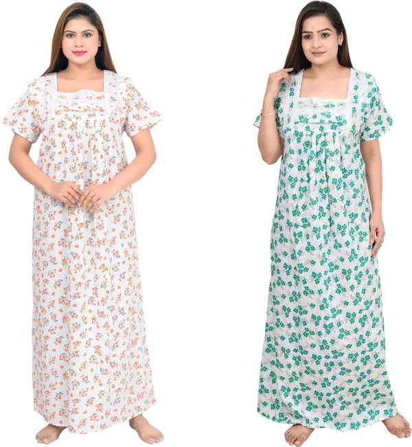 Pack_Of_2_-_White_Cotton_Floral_Square_Neck_Night_Wear_For_Women