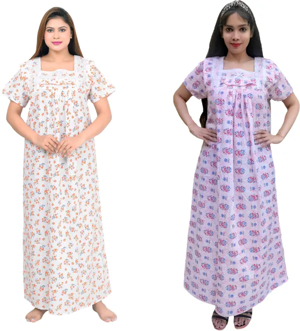 Pack_Of_2_-_Cotton_Printed::Floral_Square_Neck_Night_Wear_For_Women