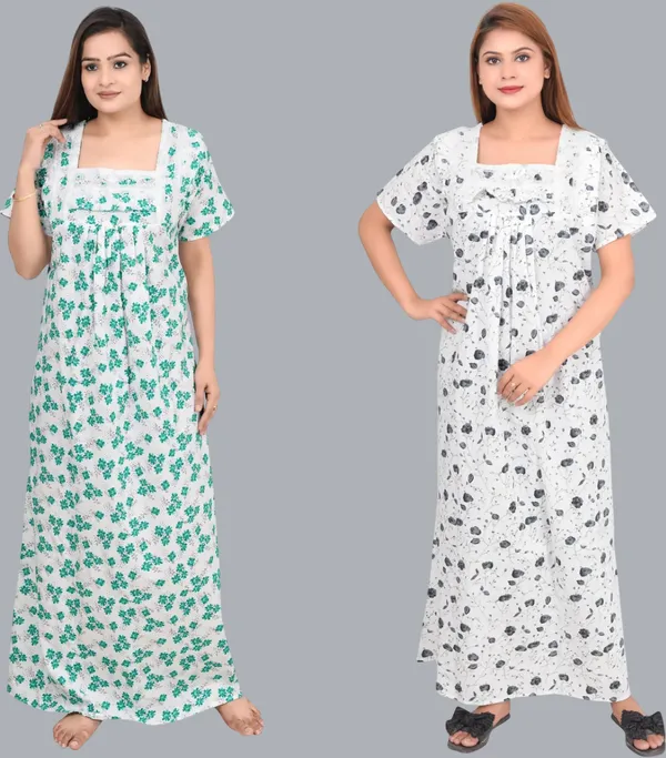 Pack_Of_2_-_Cotton_Printed::Floral_Square_Neck_Night_Wear_For_Women