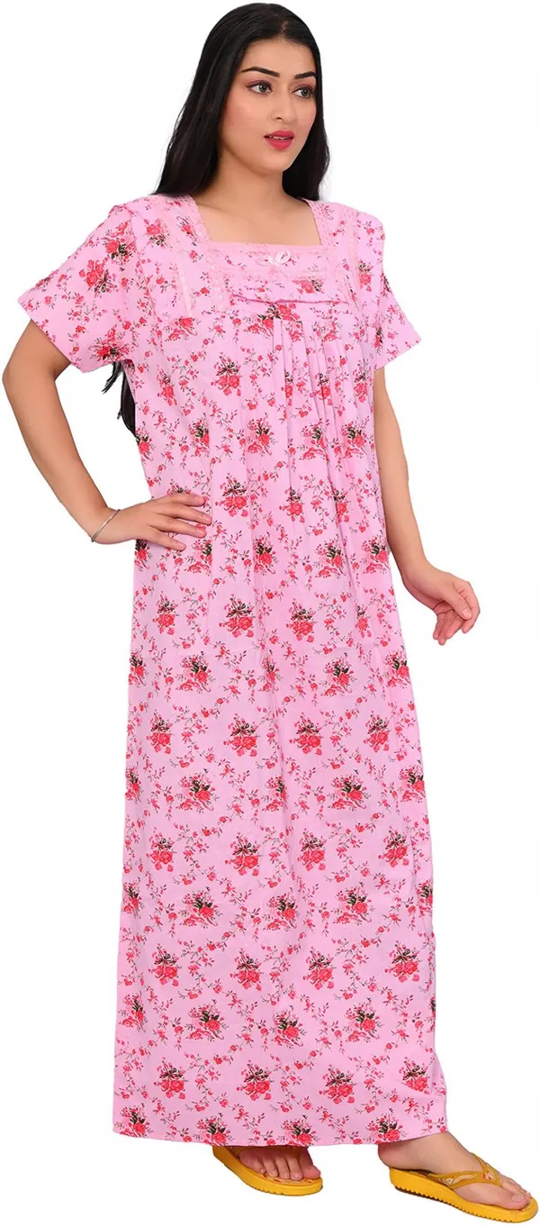 Pink_Cotton_Floral_Square_Neck_Night_Wear_For_Women
