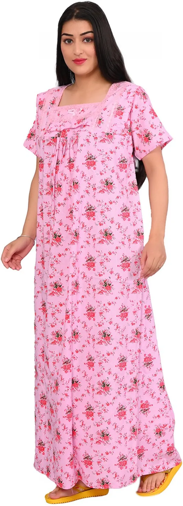 Pink_Cotton_Floral_Square_Neck_Night_Wear_For_Women