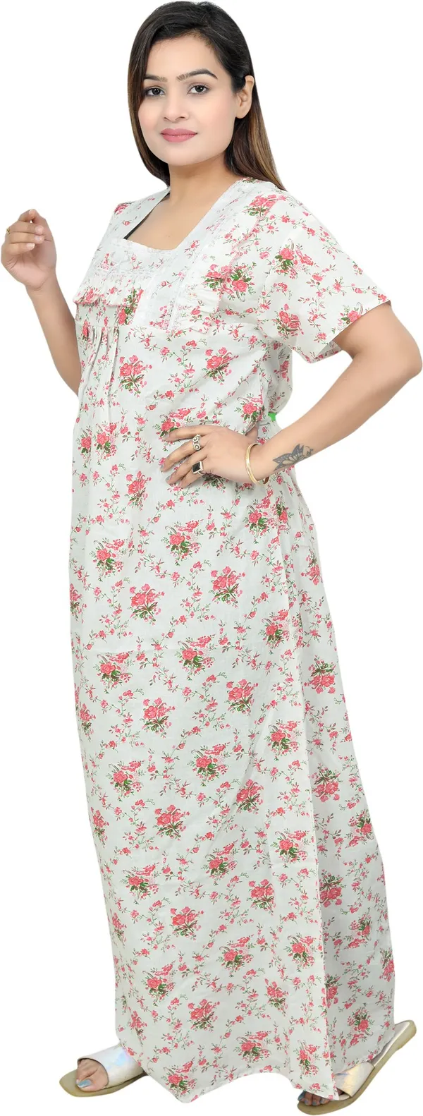 White_&_Pink_Cotton_Lace_Square_Neck_Night_Wear_For_Women