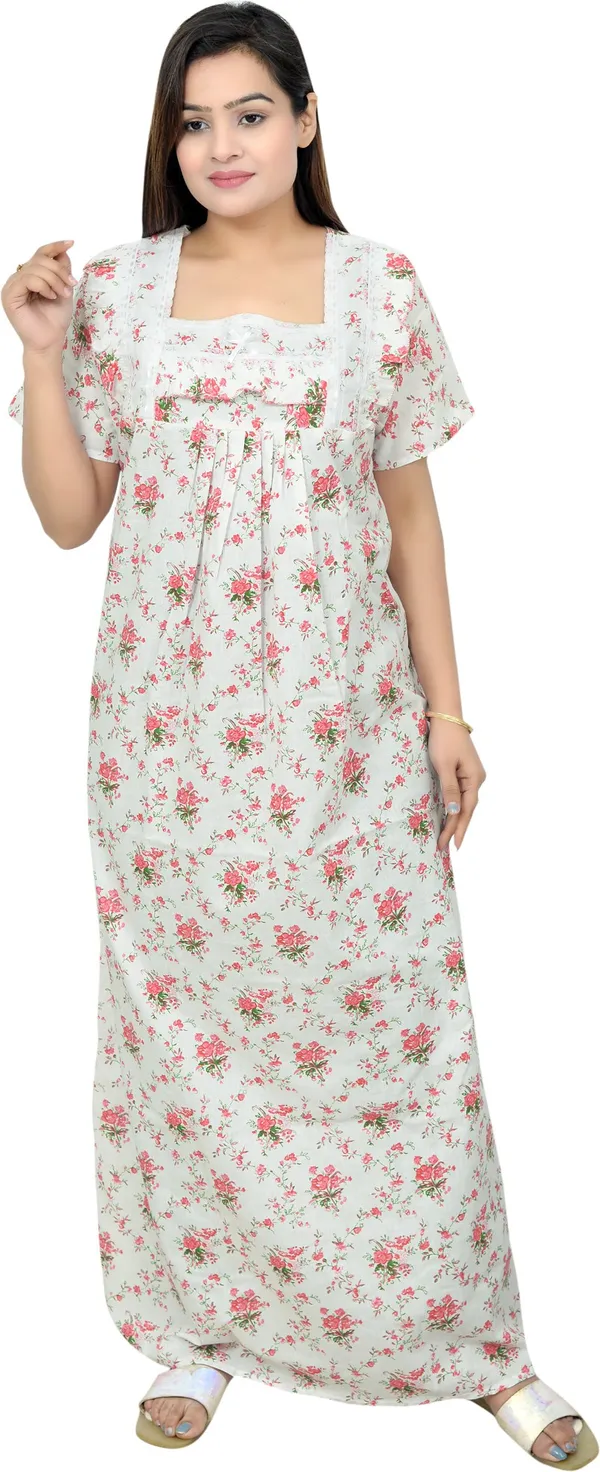 White_&_Pink_Cotton_Lace_Square_Neck_Night_Wear_For_Women