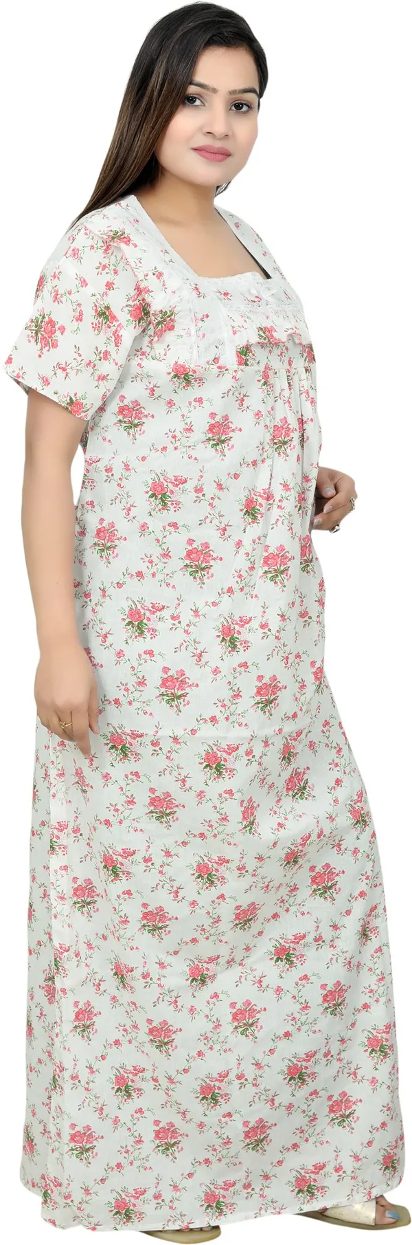 White_&_Pink_Cotton_Lace_Square_Neck_Night_Wear_For_Women