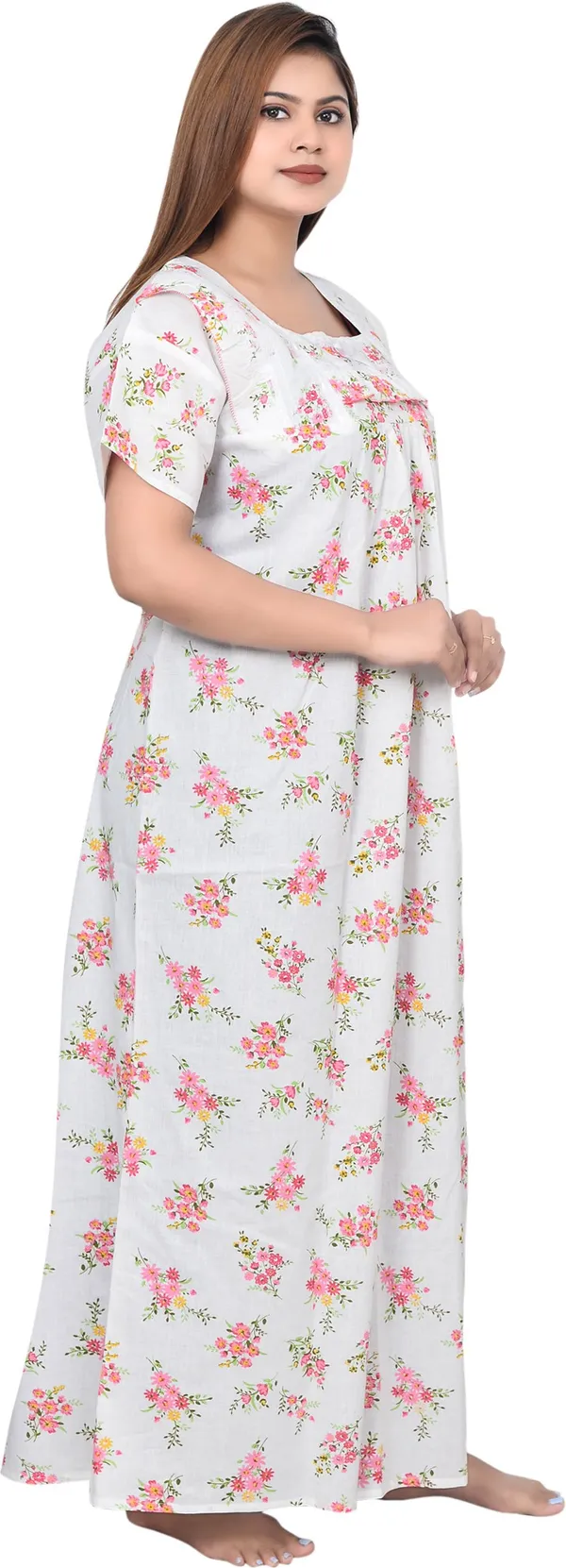 Pink_&_White_Cotton_Floral_Square_Neck_Maternity/Nursing_Night_Wear_For_Women