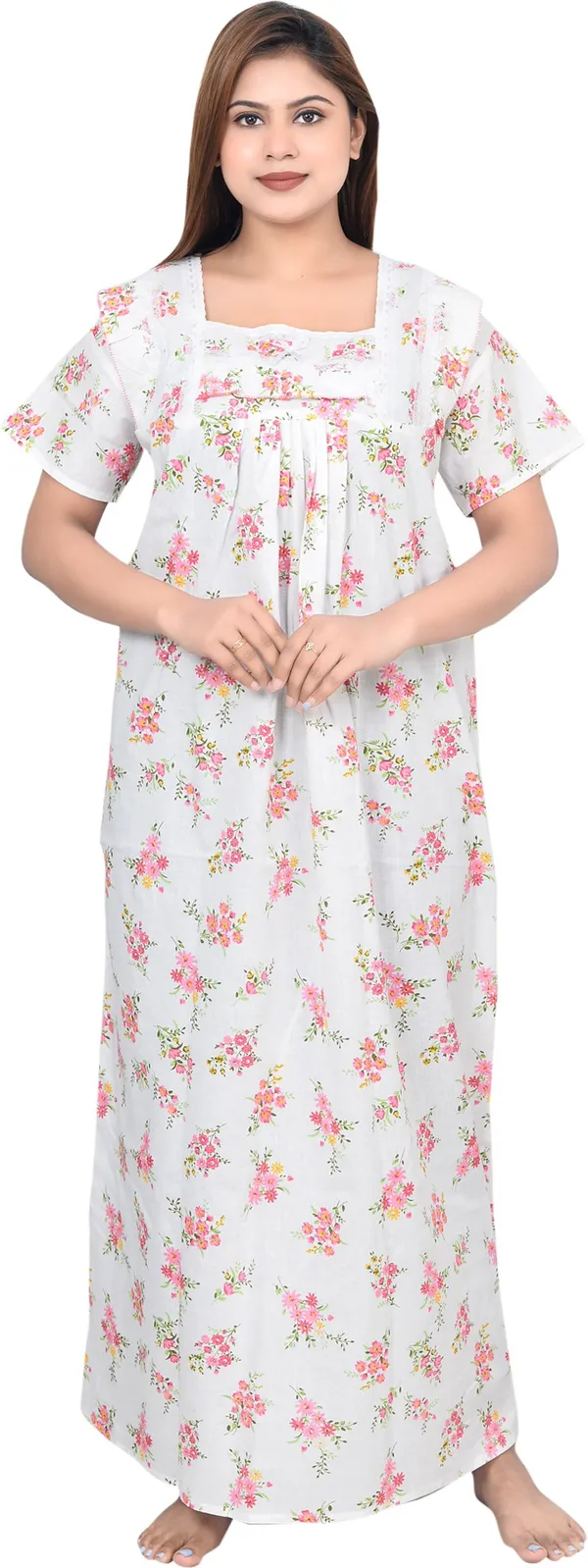 Pink_&_White_Cotton_Floral_Square_Neck_Maternity/Nursing_Night_Wear_For_Women