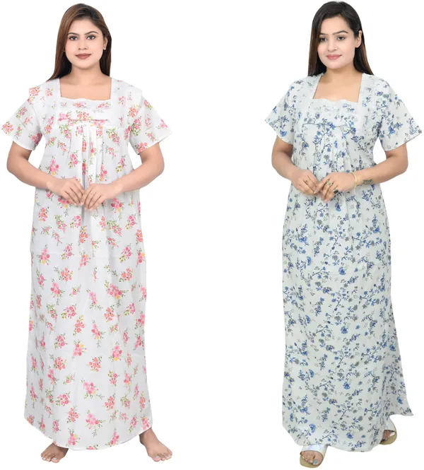 Pack_Of_2_-_Cotton_Printed::Floral_Square_Neck_Night_Wear_For_Women