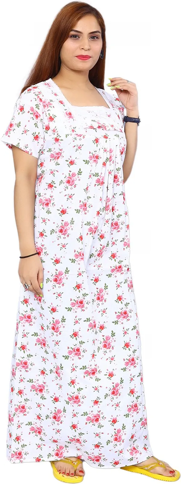 Pink_&_White_Cotton_Floral_Square_Neck_Maternity/Nursing_Night_Wear_For_Women