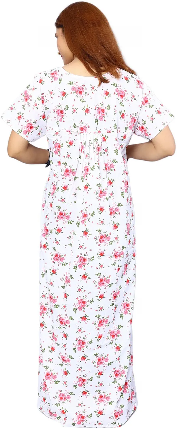 Pink_&_White_Cotton_Floral_Square_Neck_Maternity/Nursing_Night_Wear_For_Women