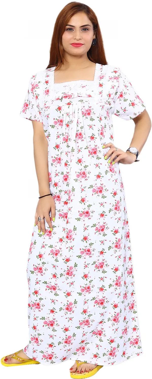 Pink_&_White_Cotton_Floral_Square_Neck_Maternity/Nursing_Night_Wear_For_Women