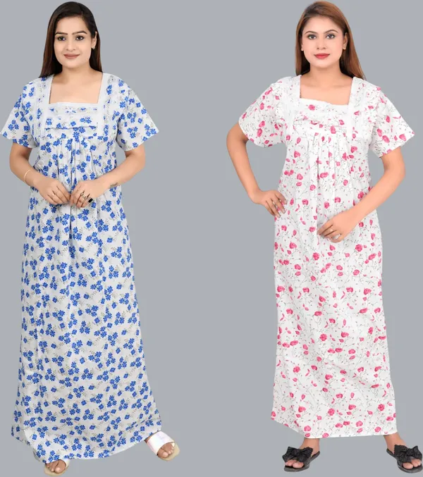 Pack_Of_2_-_Cotton_Printed::Floral_Square_Neck_Night_Wear_For_Women