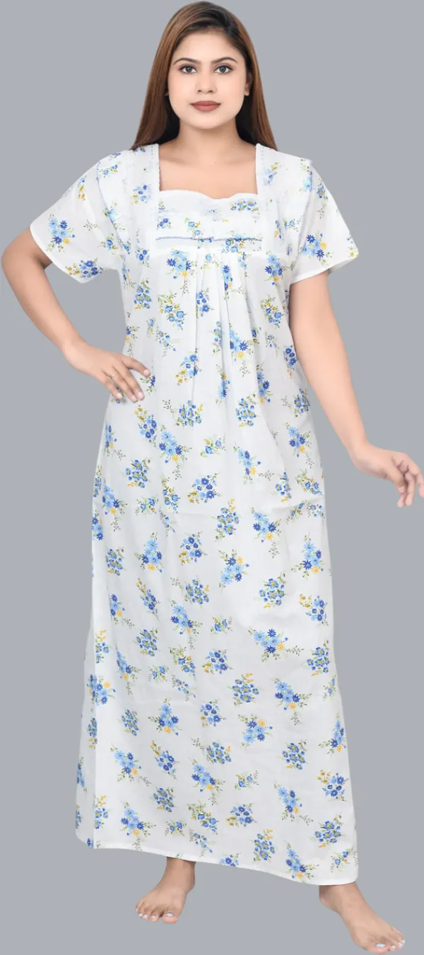 Blue_&_White_Cotton_Floral_Square_Neck_Night_Wear_For_Women