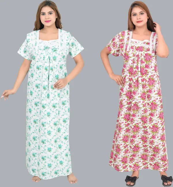 Pack_Of_2_-_Cotton_Printed::Floral_Square_Neck_Night_Wear_Set_For_Women