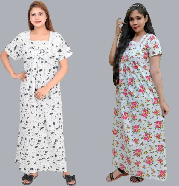 Pack_Of_2_-_Cotton_Printed::Floral_Square_Neck_Night_Wear_For_Women