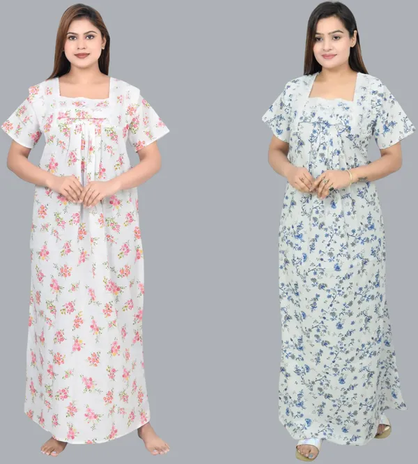 Pack_Of_2_-_Cotton_Printed::Floral_Square_Neck_Night_Wear_For_Women
