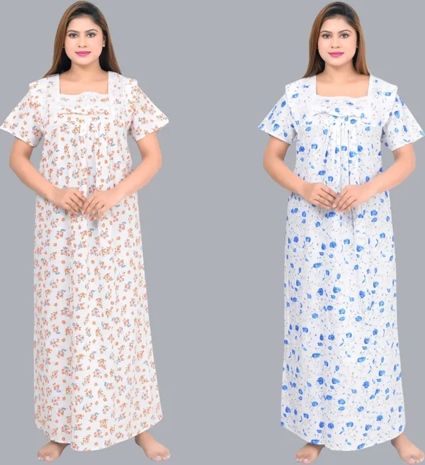 Pack_Of_2_-_Cotton_Printed::Floral_Square_Neck_Night_Wear_For_Women