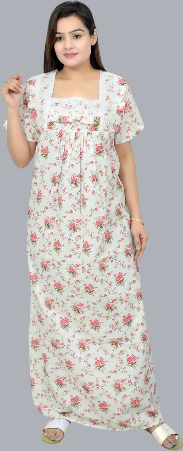 White_&_Pink_Cotton_Lace_Square_Neck_Night_Wear_For_Women