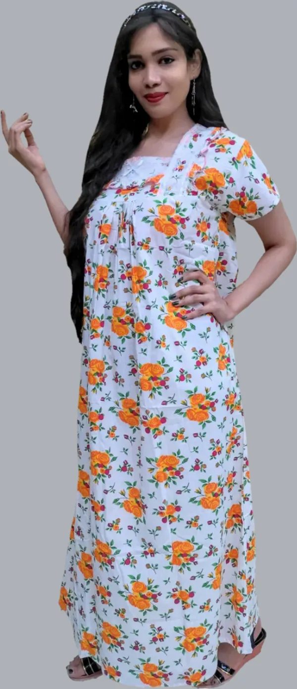 Orange_&_White_Cotton_Floral_Square_Neck_Night_Wear_For_Women