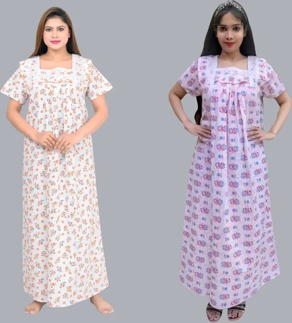 Pack_Of_2_-_Cotton_Printed::Floral_Square_Neck_Night_Wear_For_Women